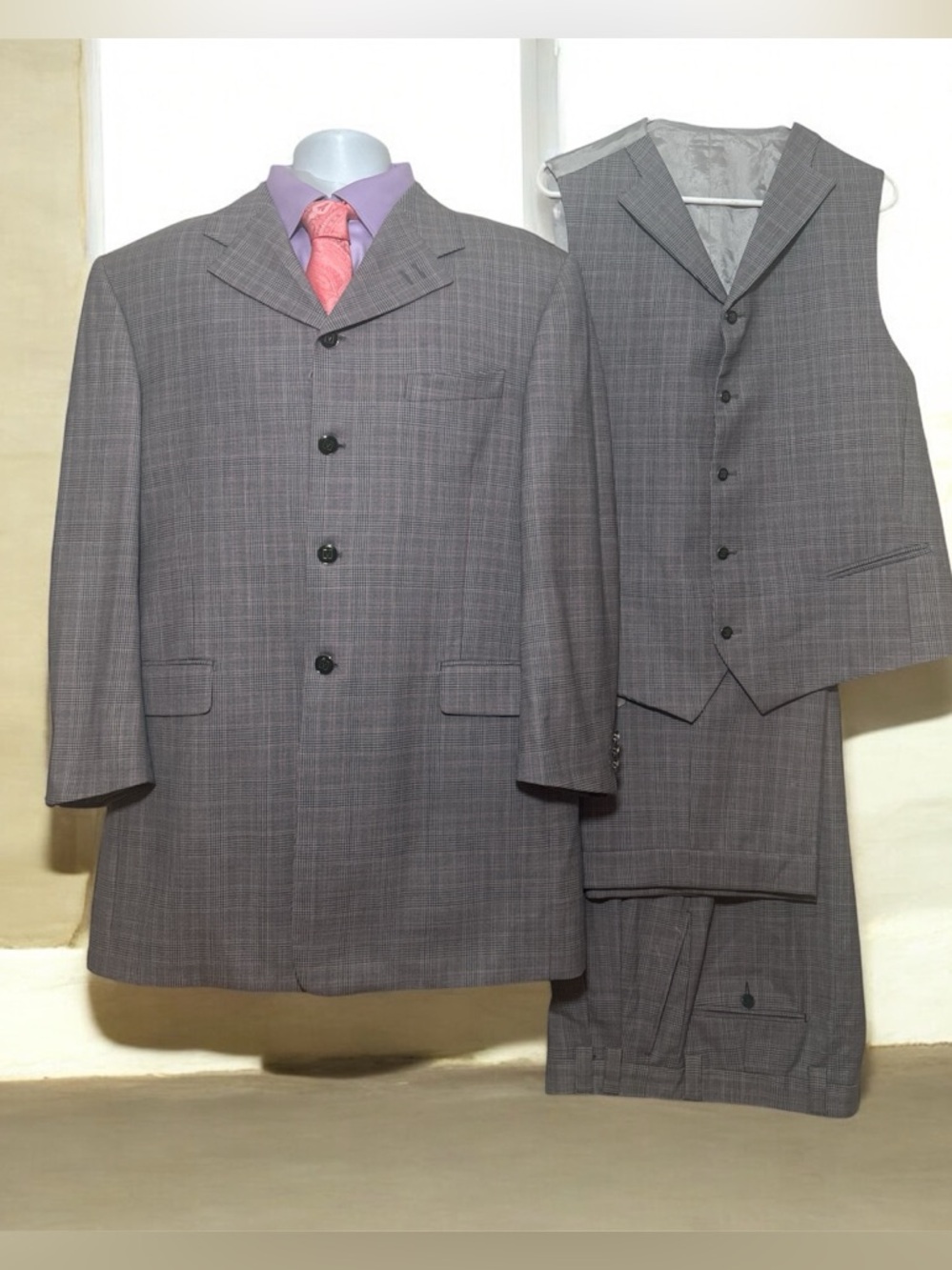 Gray Men's Three-Piece Suit - Classic Prince of Wales Vest & Jacket